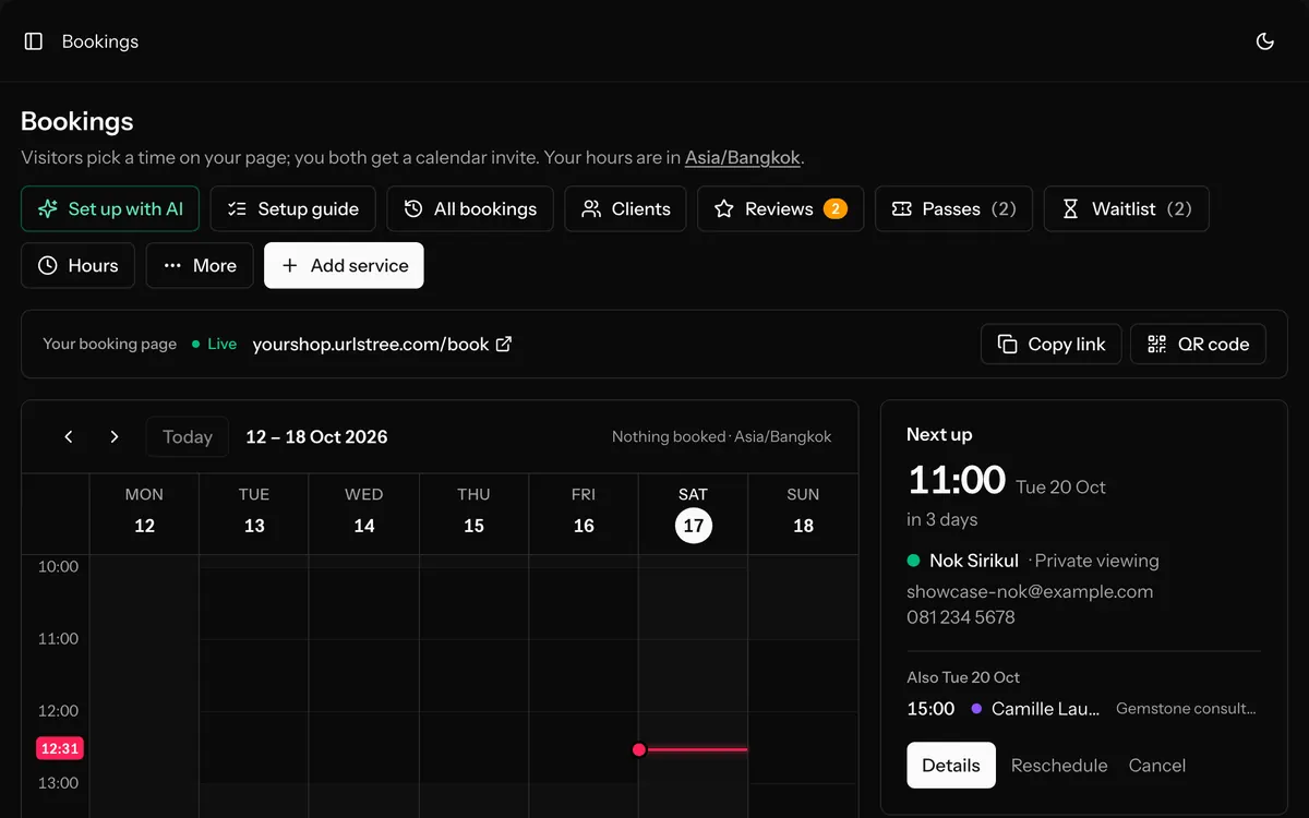 The Bookings screen: the week ahead, the next appointment and the booking page’s link