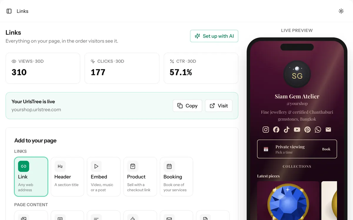 The Links screen: the blocks on a page, its views and clicks, and a live preview of the page